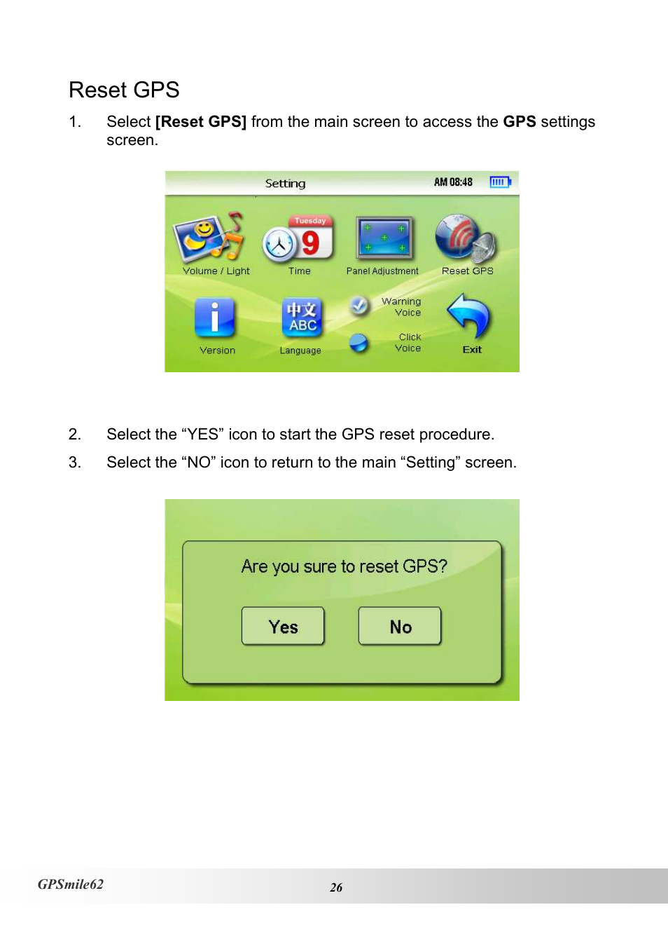 Reset gps | Holux NAV SLIM GPSMILE62 User Manual | Page 32 / 53