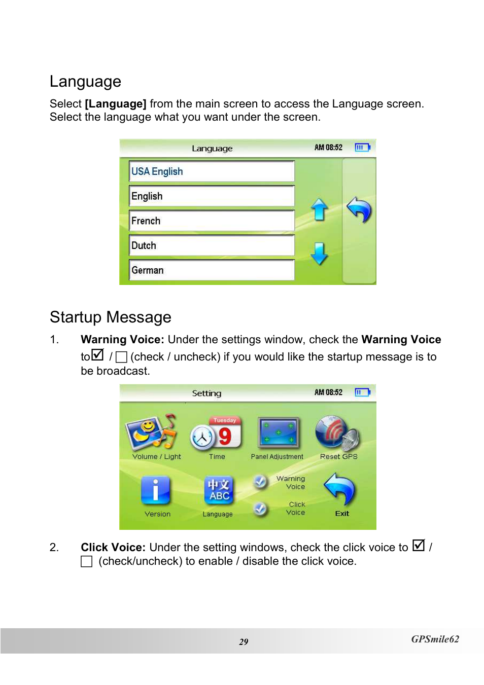Language, Startup message | Holux NAV SLIM GPSMILE62 User Manual | Page 35 / 53