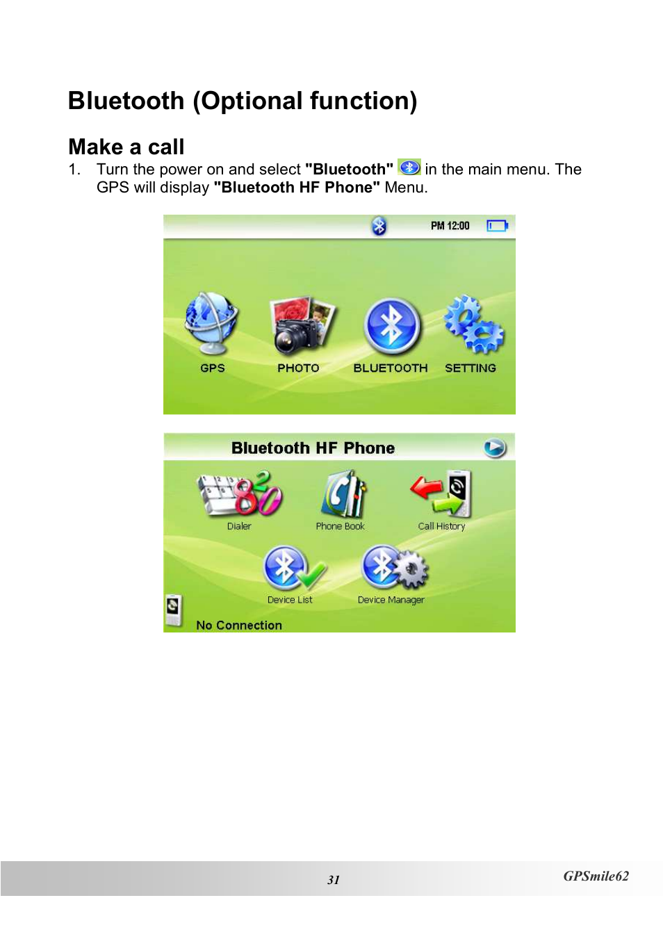 Bluetooth (optional function), Make a call | Holux NAV SLIM GPSMILE62 User Manual | Page 37 / 53