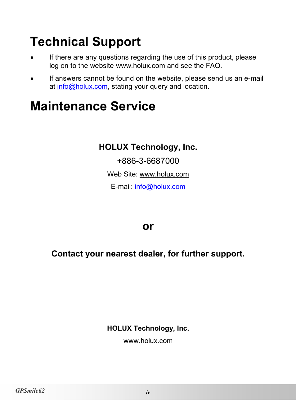 Technical support, Maintenance service | Holux NAV SLIM GPSMILE62 User Manual | Page 4 / 53
