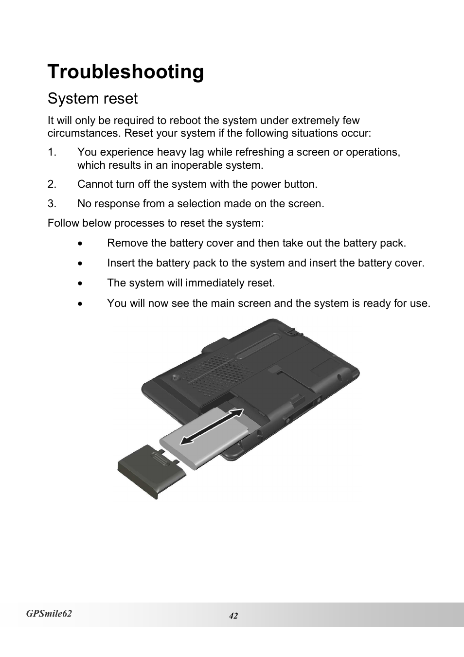 Troubleshooting, System reset | Holux NAV SLIM GPSMILE62 User Manual | Page 48 / 53