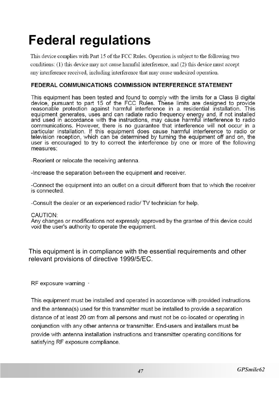 Federal regulations | Holux NAV SLIM GPSMILE62 User Manual | Page 53 / 53