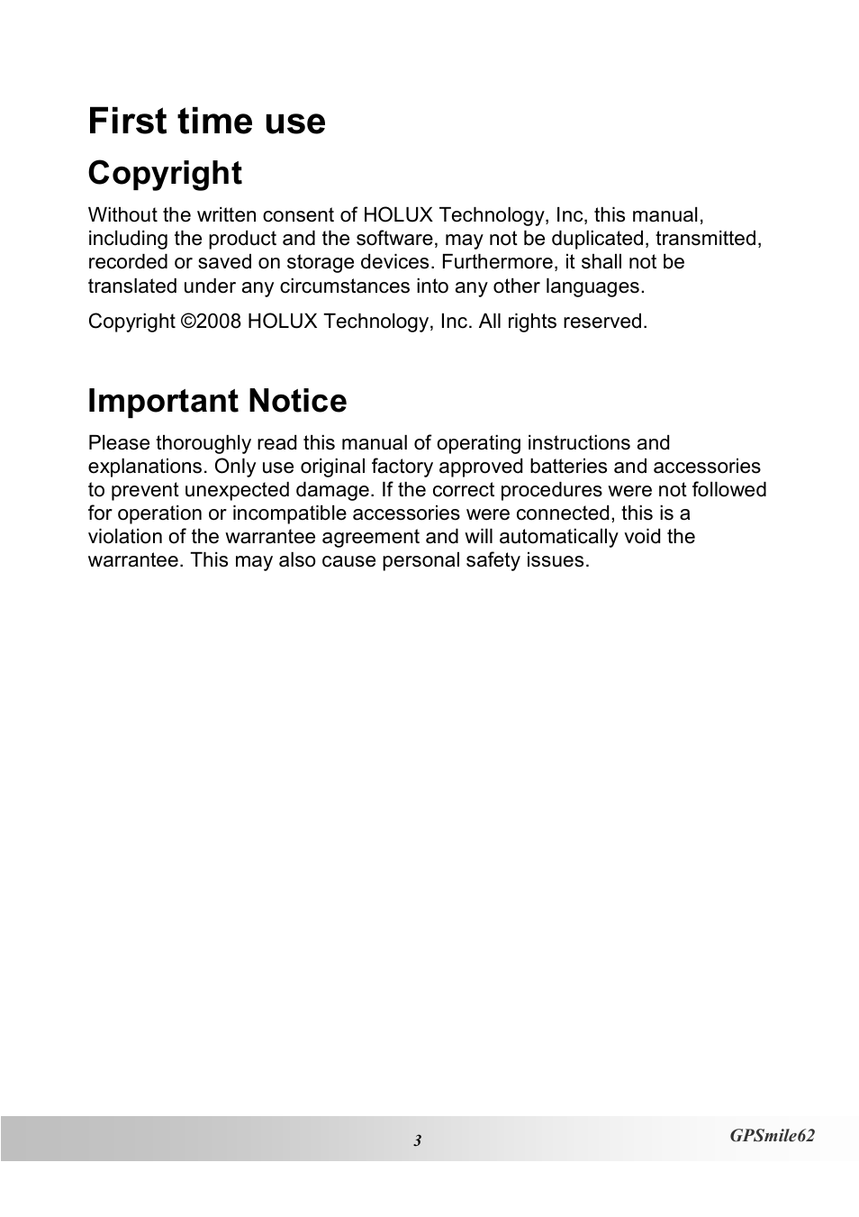 First time use, Copyright, Important notice | Holux NAV SLIM GPSMILE62 User Manual | Page 9 / 53