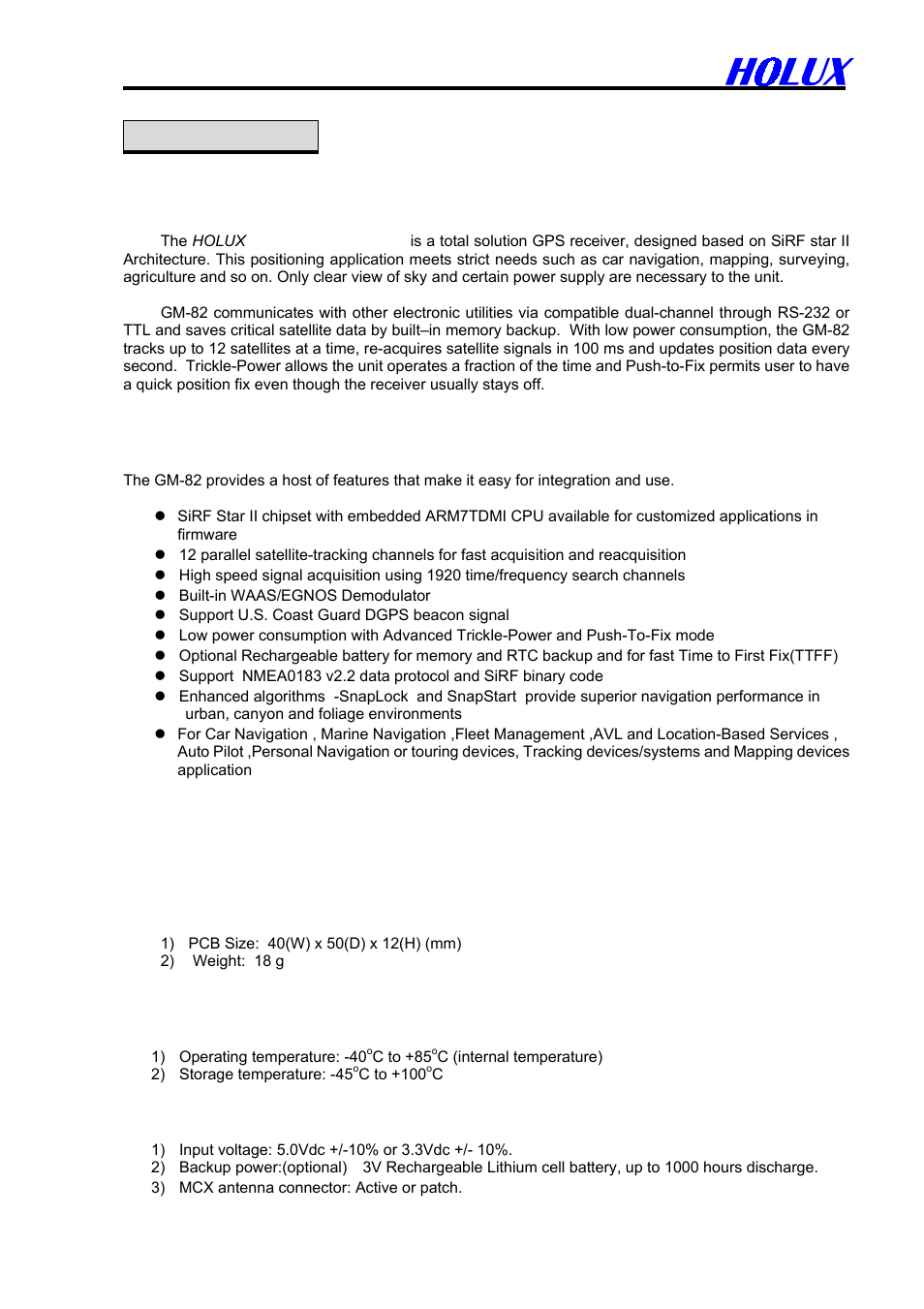 Introduction, 1 overview, 2 features | 3 technology specifications | Holux GM-82 User Manual | Page 3 / 13