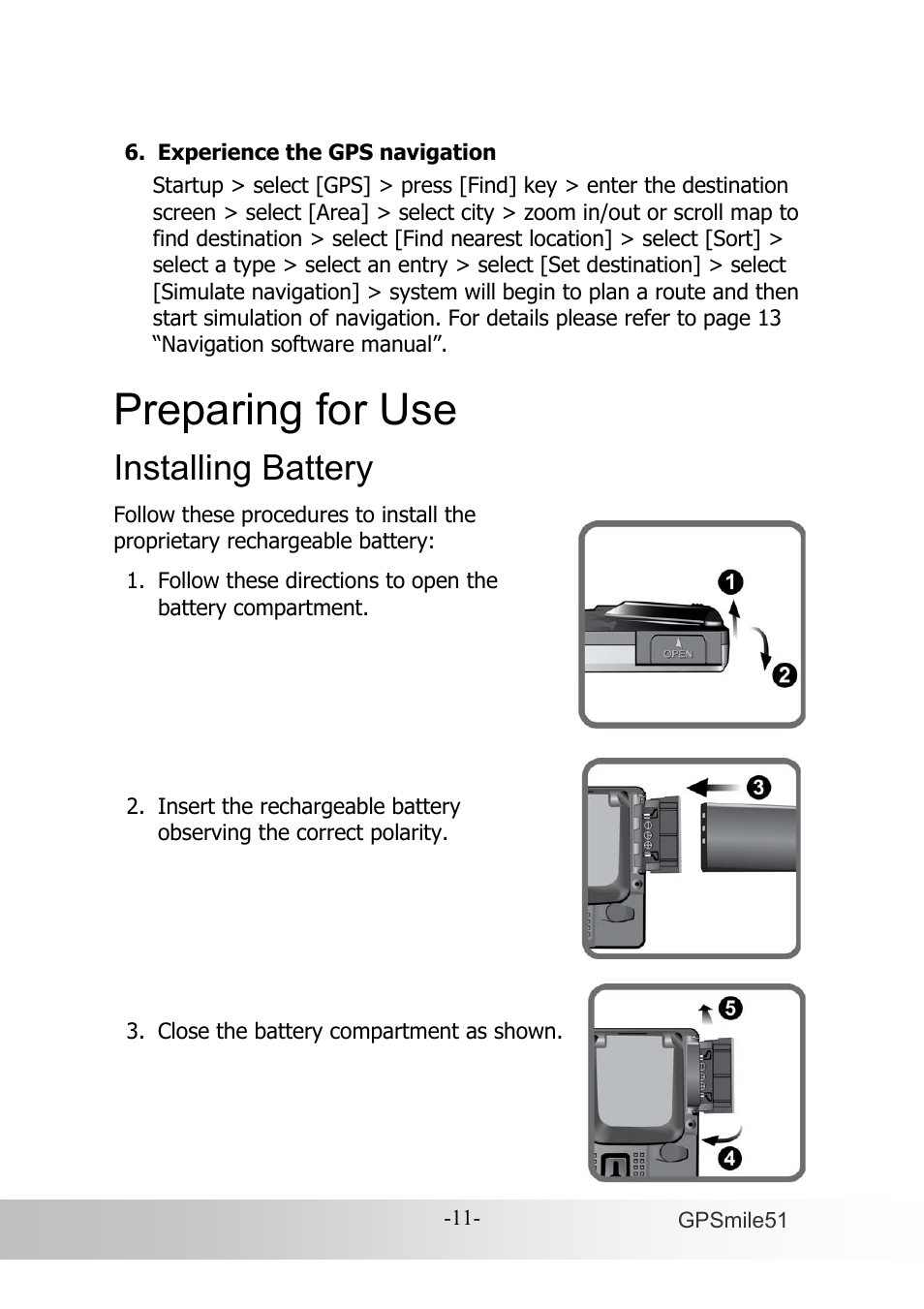 Preparing for use, Installing battery | Holux GPSmile51B User Manual | Page 19 / 46