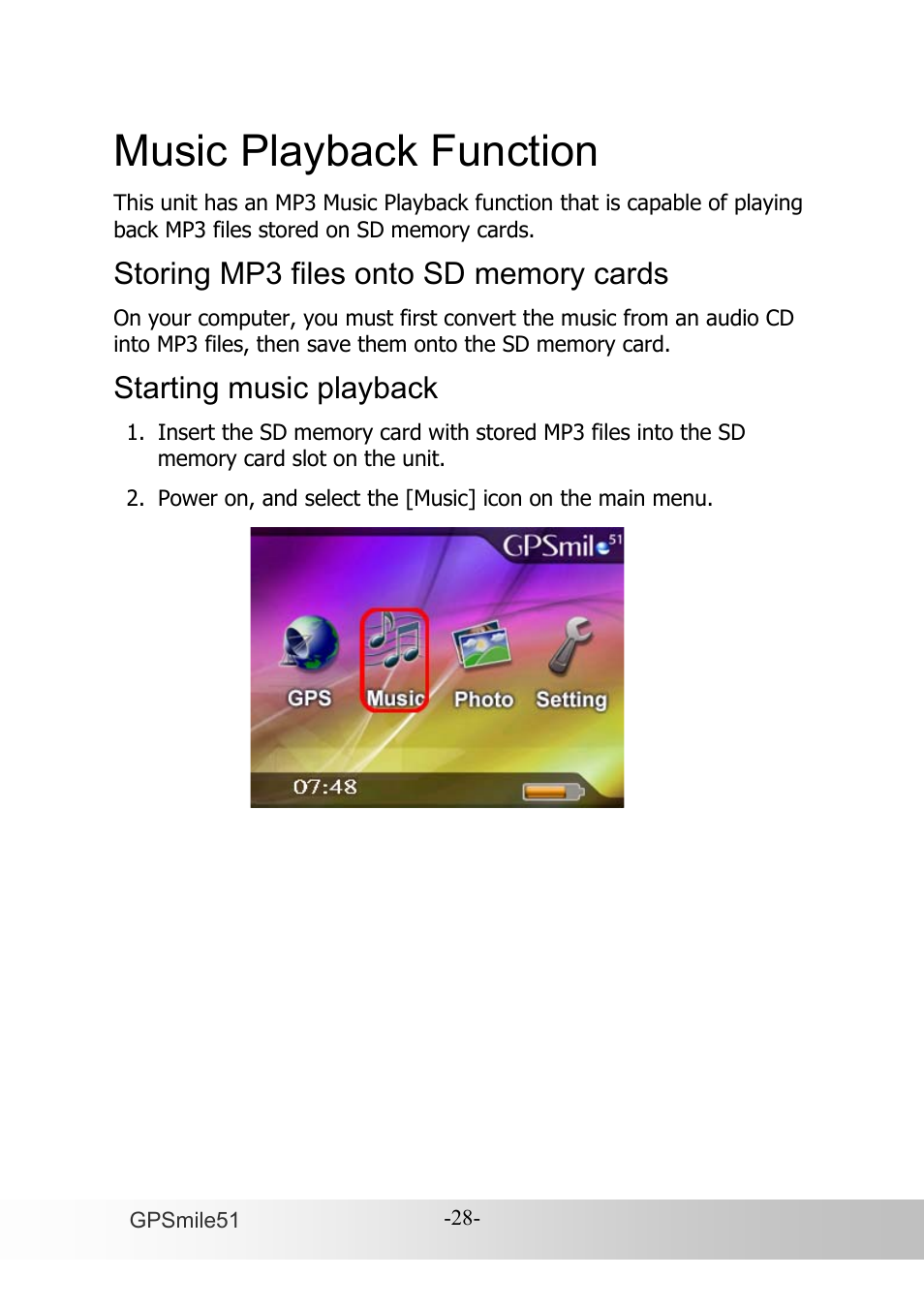 Music playback function, Starting music playback | Holux GPSmile51B User Manual | Page 36 / 46