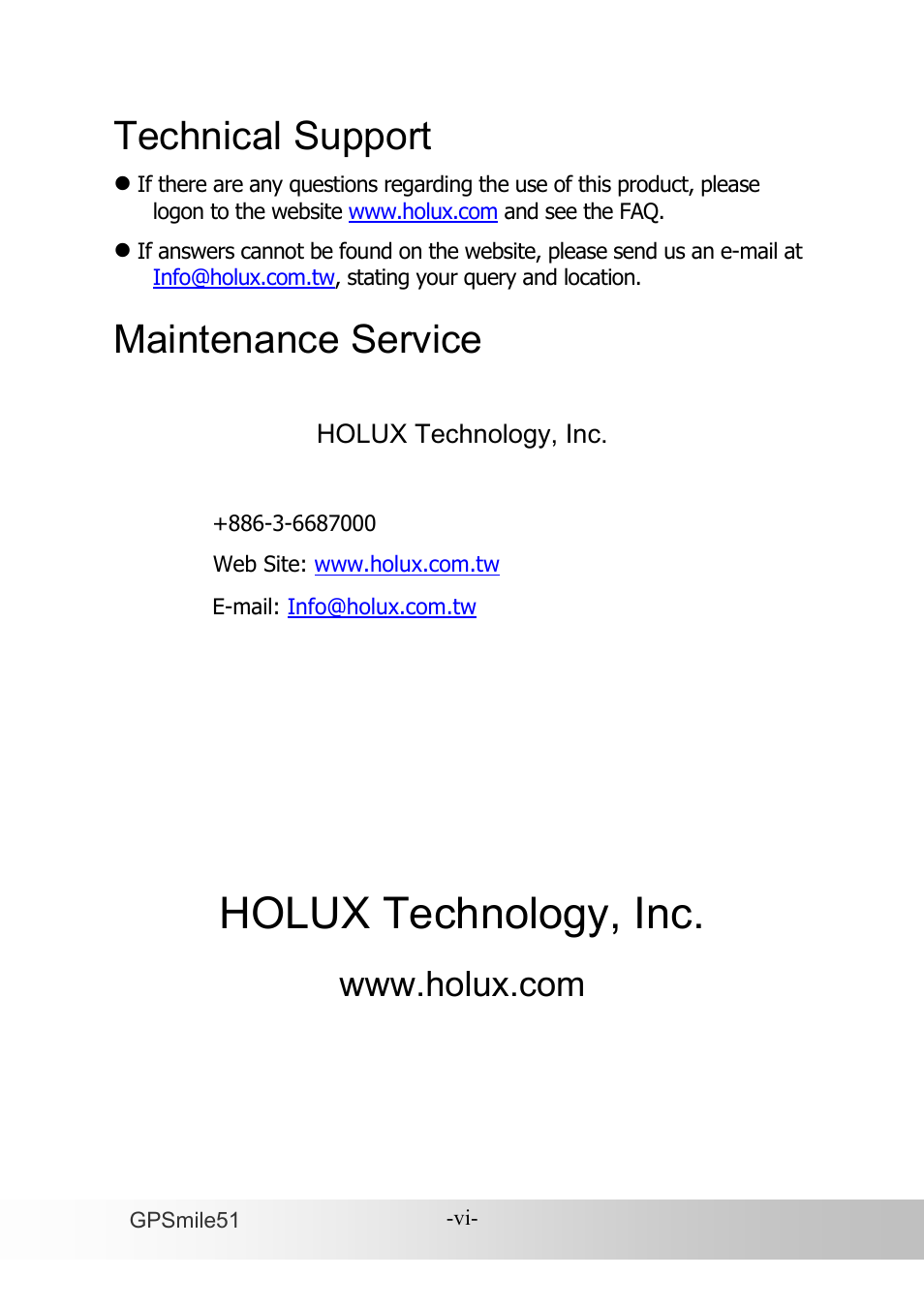 Holux technology, inc, Technical support, Maintenance service | Holux GPSmile51B User Manual | Page 6 / 46