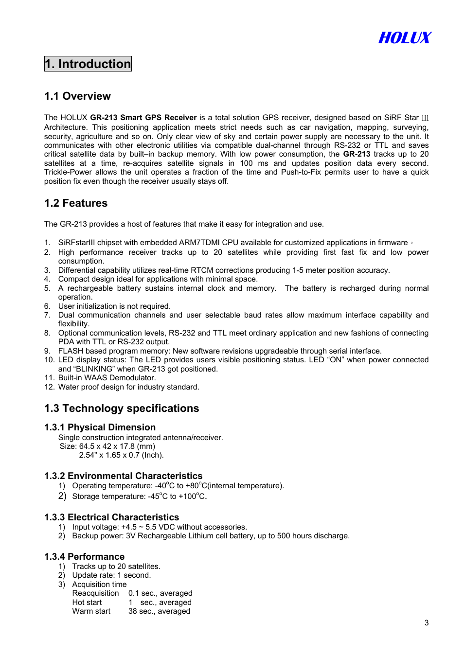 Holux, Introduction, 1 overview | 2 features, 3 technology specifications | Holux GR-213 User Manual | Page 3 / 14