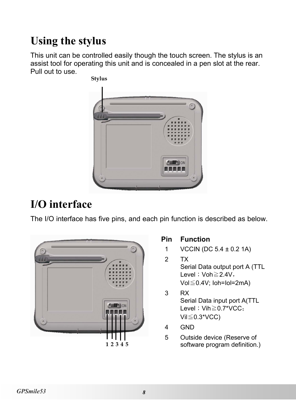 Using the stylus, I/o interface | Holux GPSmile53 User Manual | Page 16 / 43