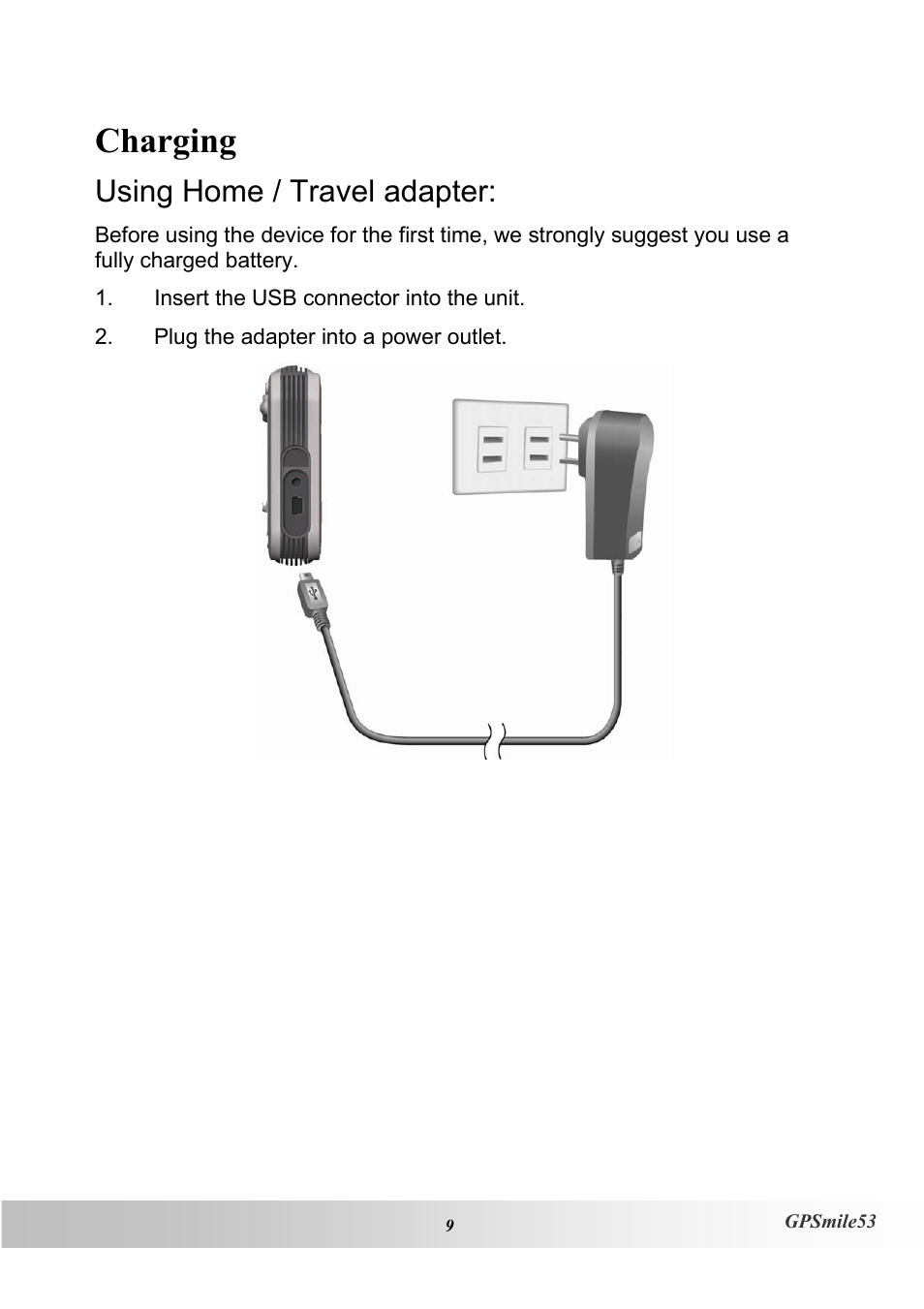 Charging, Using home / travel adapter | Holux GPSmile53 User Manual | Page 17 / 43