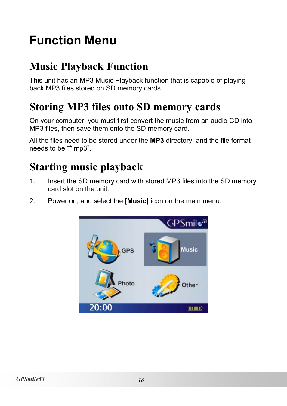 Function menu, Music playback function, Starting music playback | Holux GPSmile53 User Manual | Page 24 / 43
