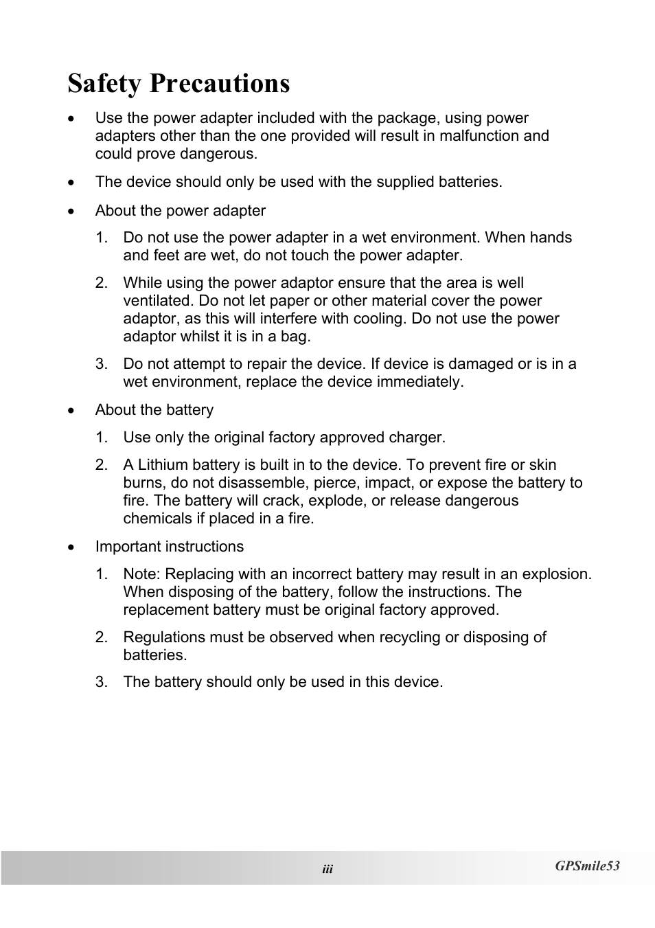 Safety precautions | Holux GPSmile53 User Manual | Page 3 / 43
