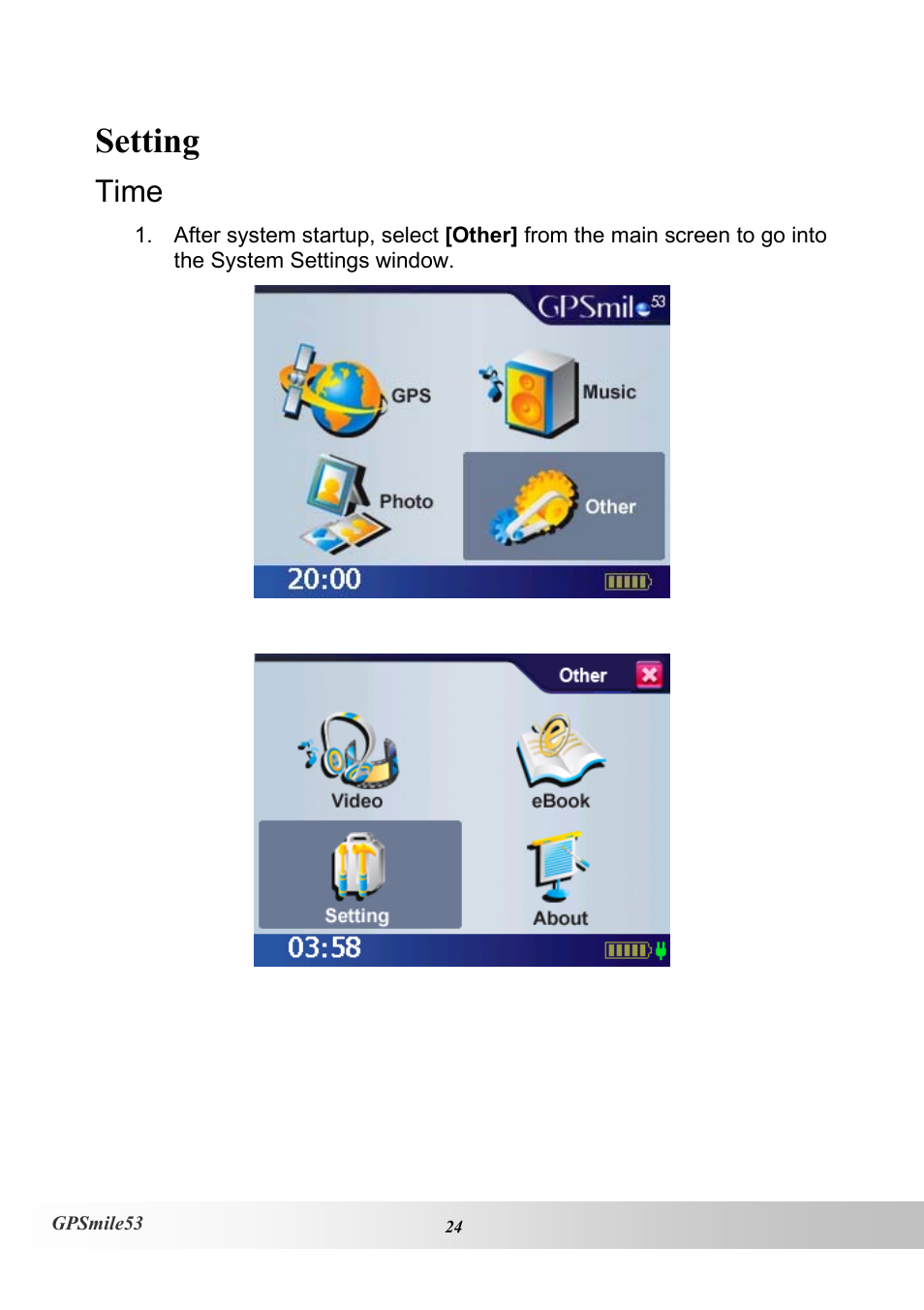 Setting, Time | Holux GPSmile53 User Manual | Page 32 / 43