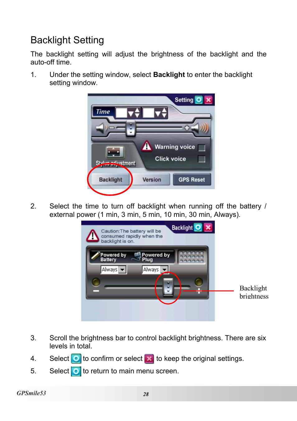 Backlight setting | Holux GPSmile53 User Manual | Page 36 / 43