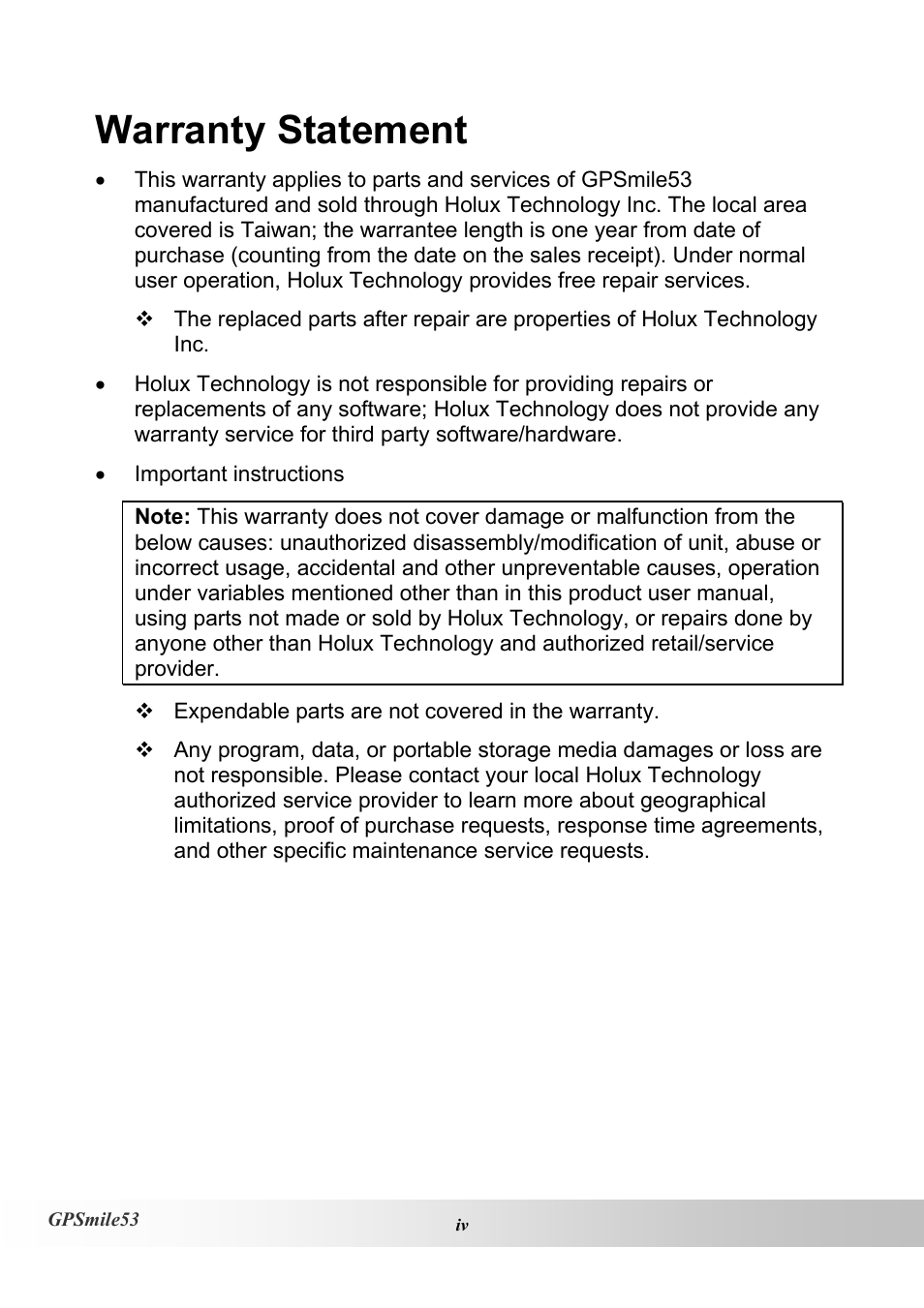 Warranty statement | Holux GPSmile53 User Manual | Page 4 / 43