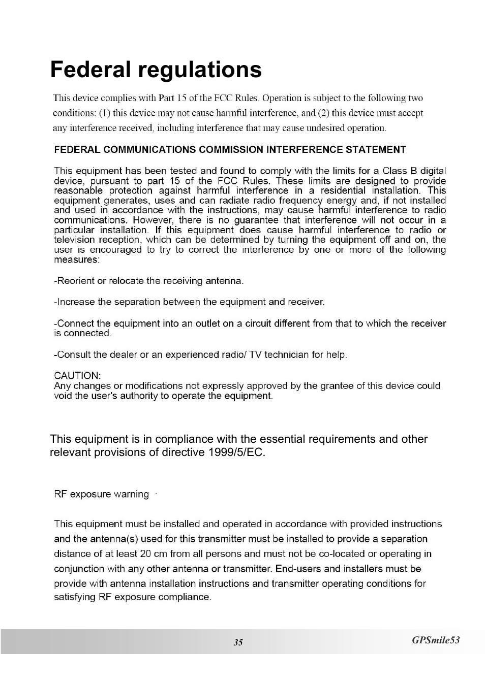 Federal regulations | Holux GPSmile53 User Manual | Page 43 / 43