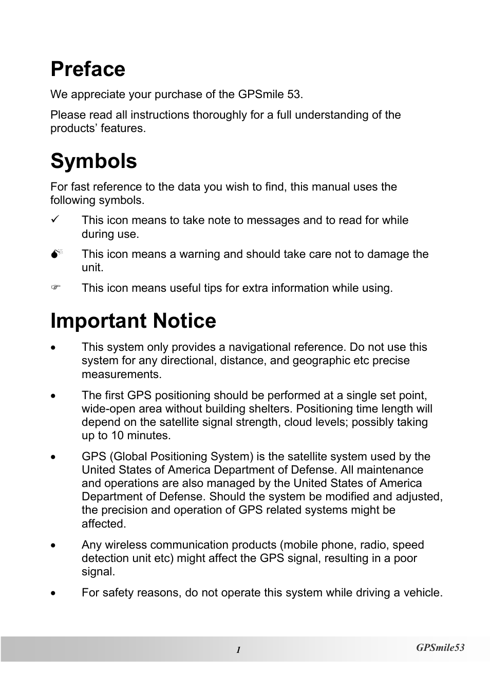 Preface, Symbols, Important notice | Holux GPSmile53 User Manual | Page 9 / 43