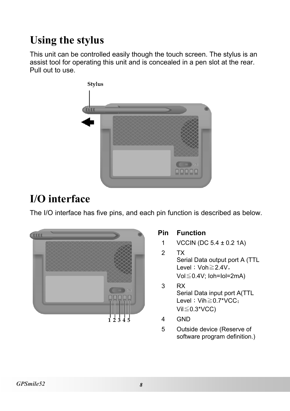 Using the stylus, I/o interface | Holux V1.02 User Manual | Page 18 / 38