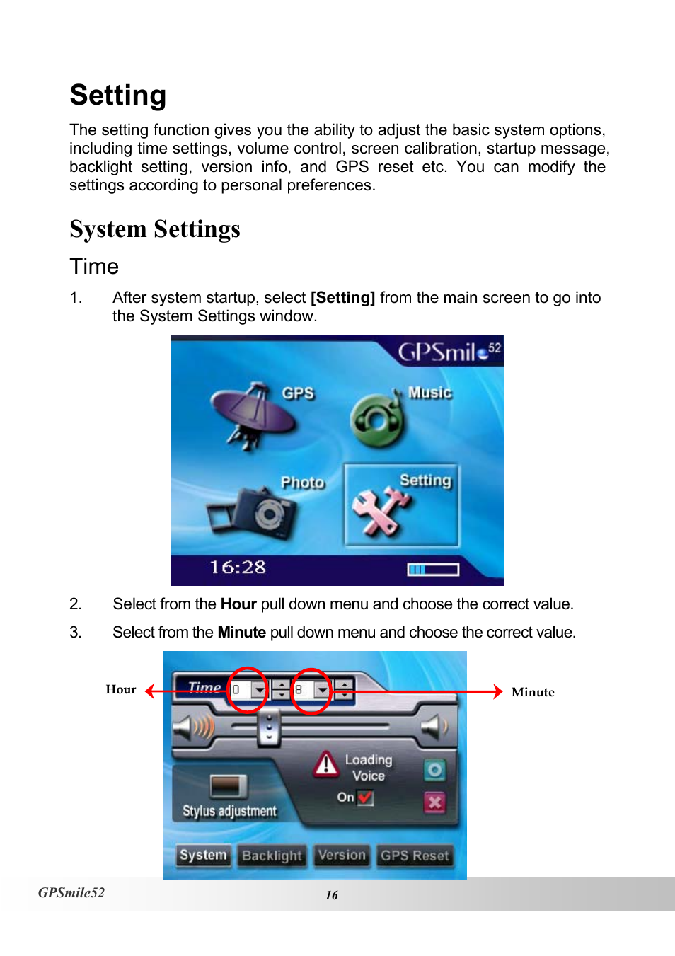 Setting, System settings, Time | Holux V1.02 User Manual | Page 26 / 38