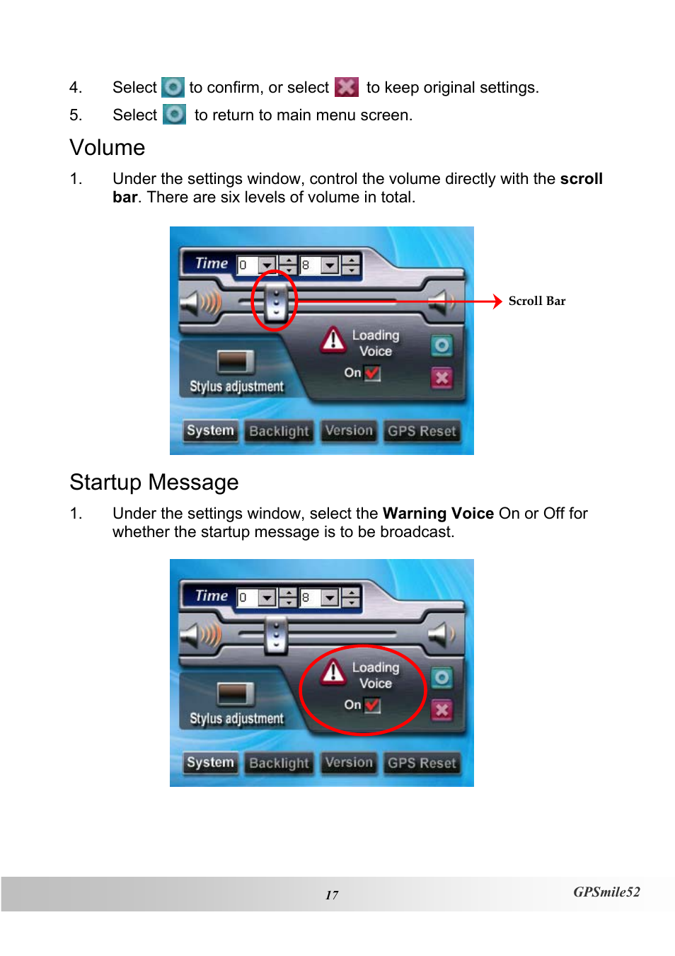 Volume, Startup message | Holux V1.02 User Manual | Page 27 / 38