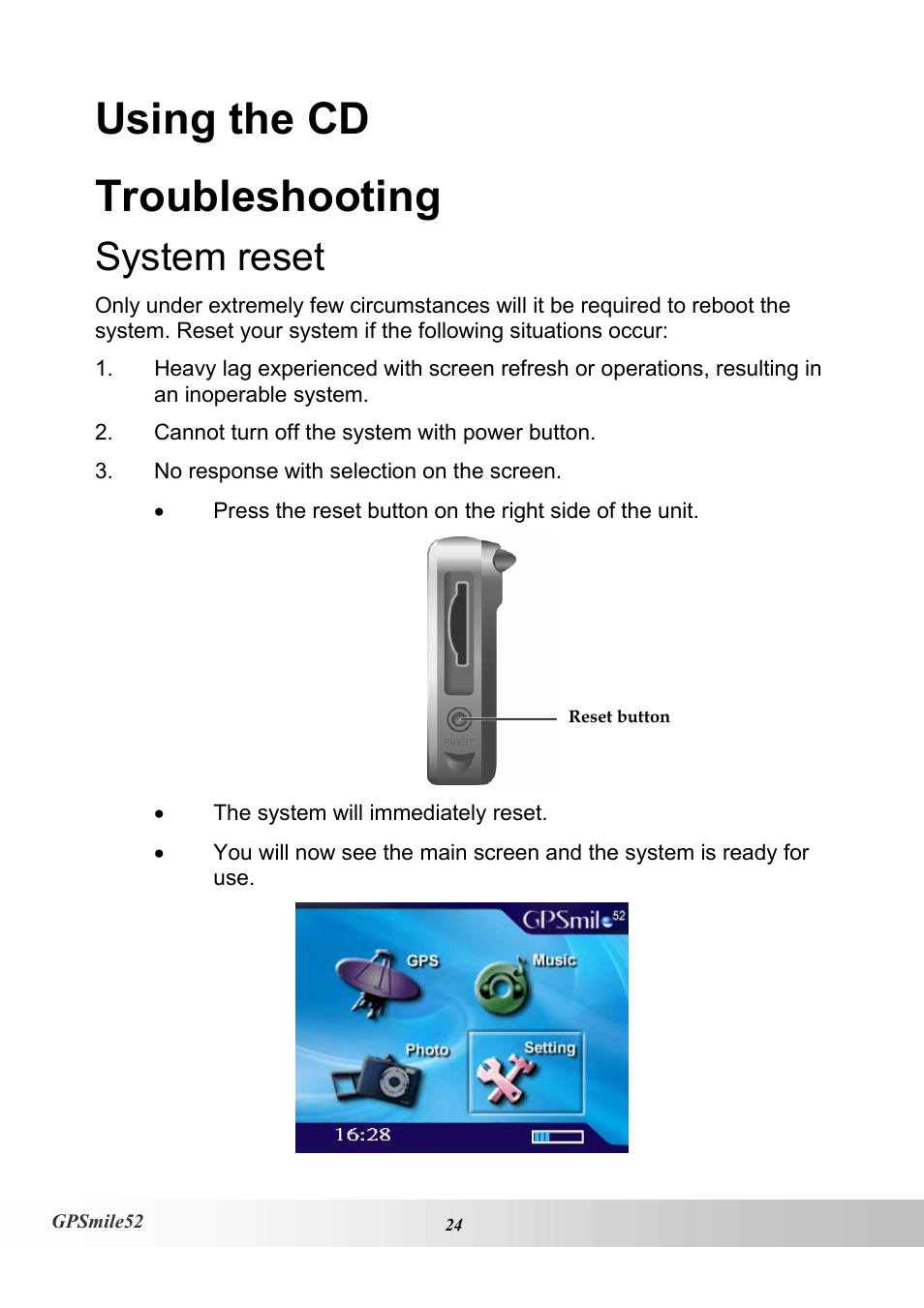 Using the cd troubleshooting, System reset | Holux V1.02 User Manual | Page 34 / 38