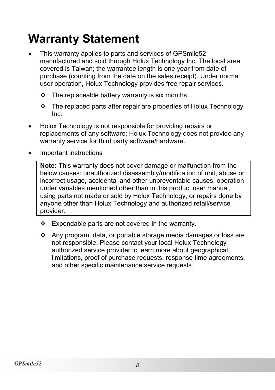 Warranty statement | Holux V1.02 User Manual | Page 6 / 38