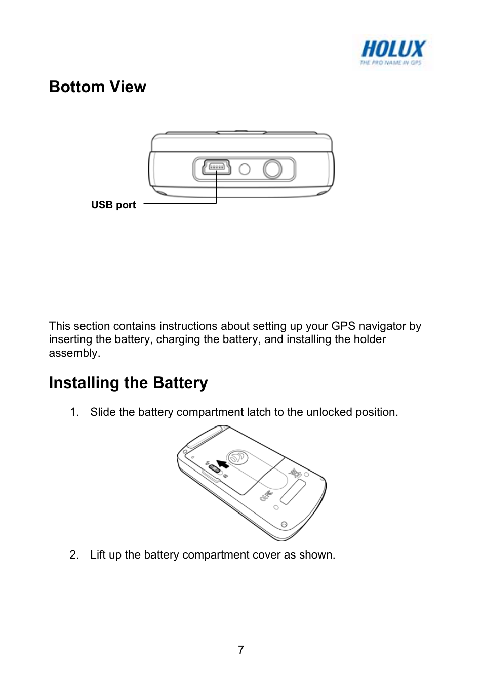 Setting up the gm-120, Bottom view, Installing the battery | Holux GM-120 User Manual | Page 14 / 78