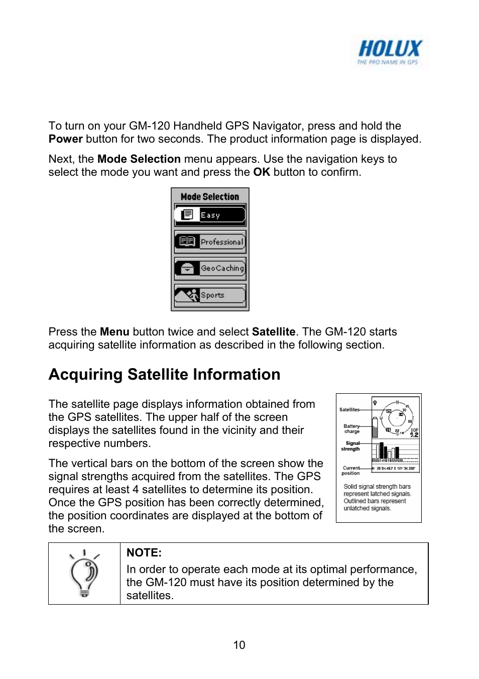 Turning on for the first time, Acquiring satellite information | Holux GM-120 User Manual | Page 17 / 78