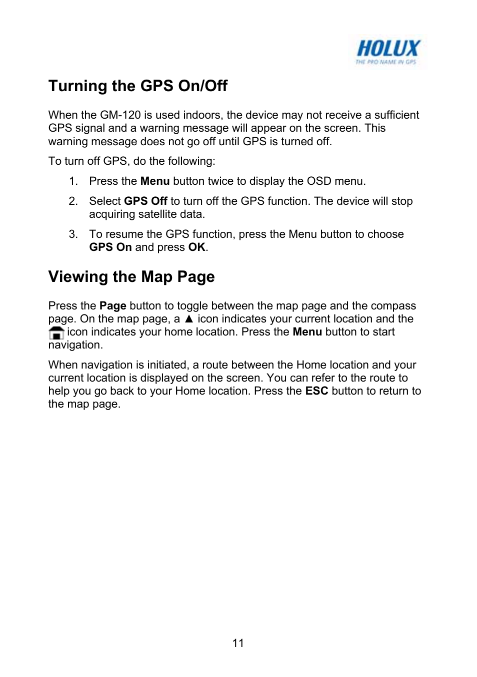 Turning the gps on/off, Viewing the map page | Holux GM-120 User Manual | Page 18 / 78