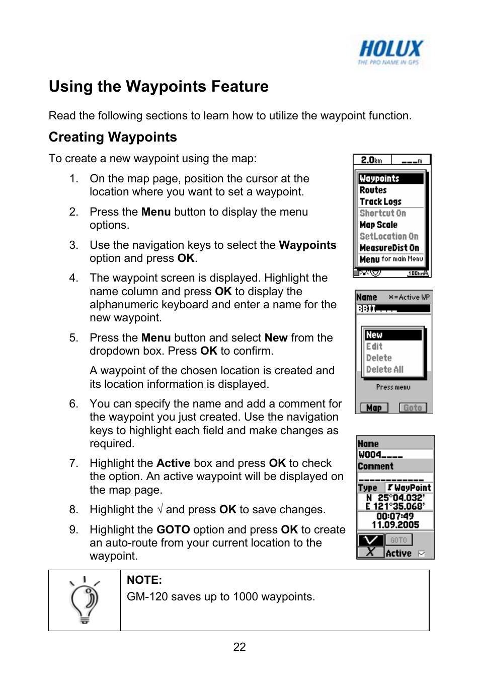 Using the waypoints feature, Creating waypoints | Holux GM-120 User Manual | Page 29 / 78