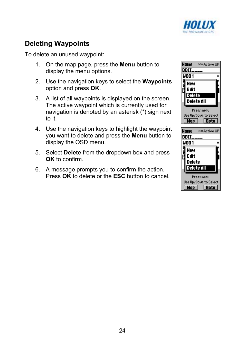 Deleting waypoints | Holux GM-120 User Manual | Page 31 / 78