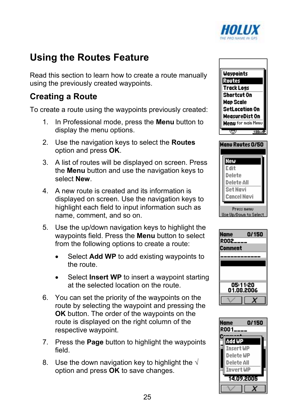 Using the routes feature, Creating a route | Holux GM-120 User Manual | Page 32 / 78