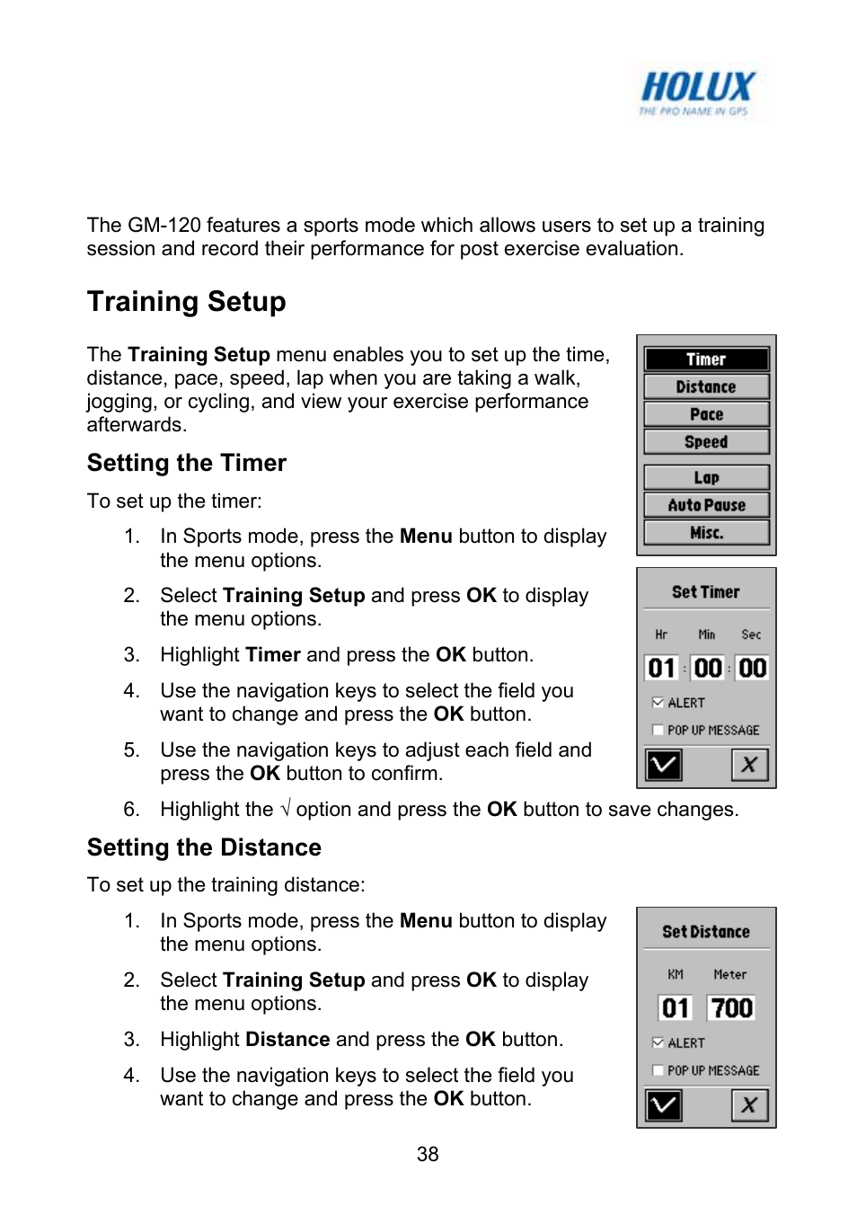 Using sports mode, Training setup, Setting the timer | Setting the distance | Holux GM-120 User Manual | Page 45 / 78