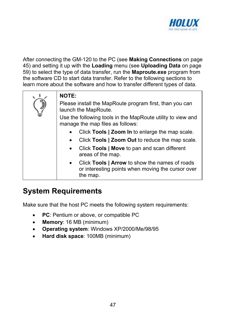 Using maproute, System requirements | Holux GM-120 User Manual | Page 54 / 78