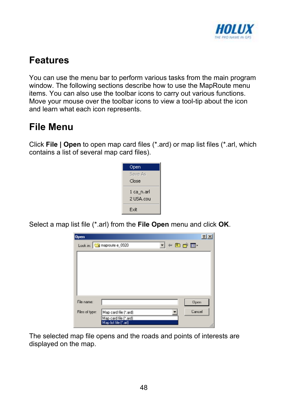 Features, File menu | Holux GM-120 User Manual | Page 55 / 78