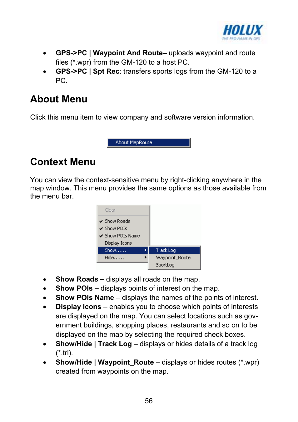 About menu, Context menu | Holux GM-120 User Manual | Page 63 / 78