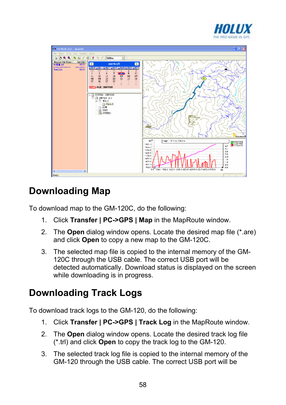 Downloading map, Downloading track logs | Holux GM-120 User Manual | Page 65 / 78