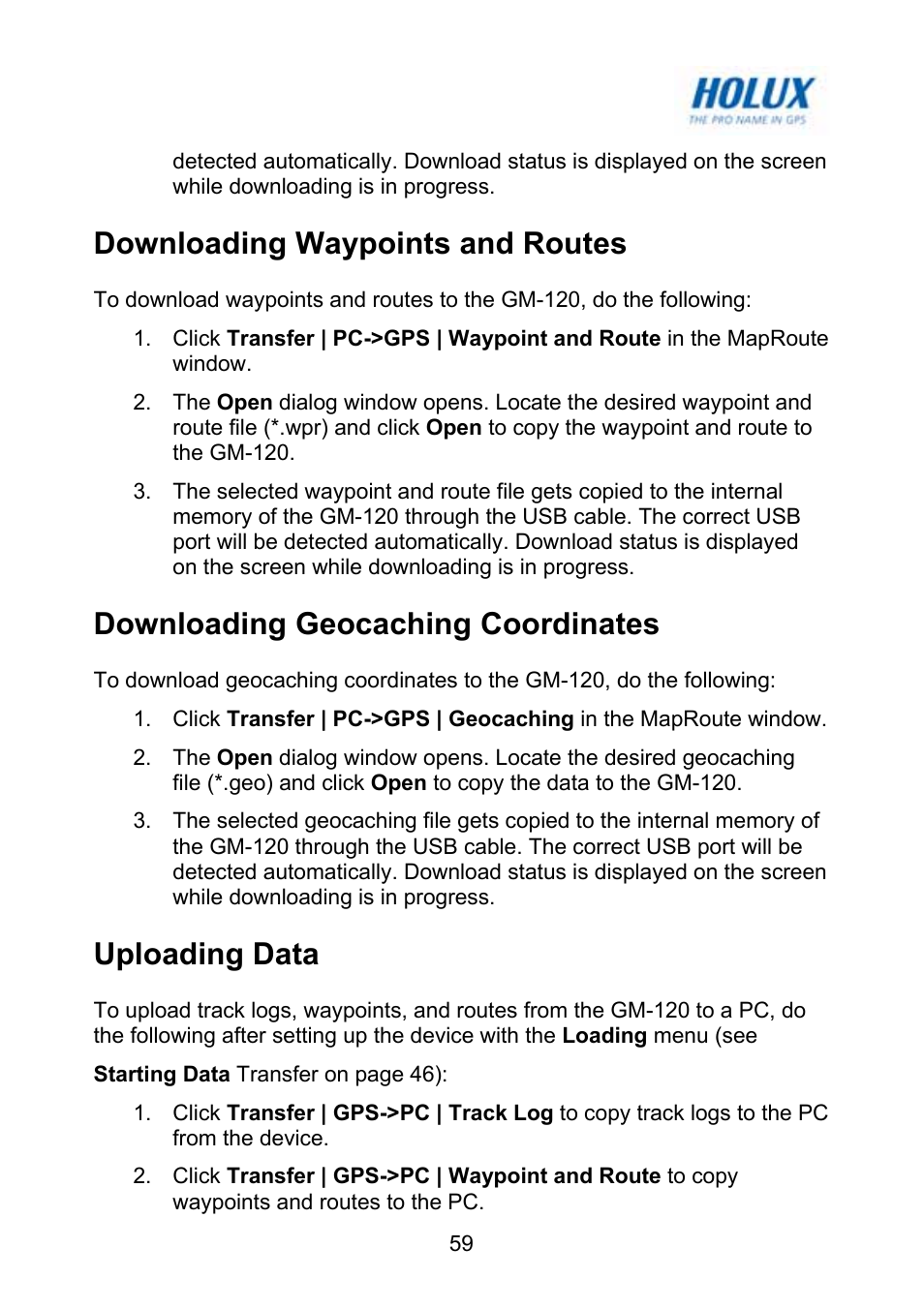 Downloading waypoints and routes, Downloading geocaching coordinates, Uploading data | Holux GM-120 User Manual | Page 66 / 78