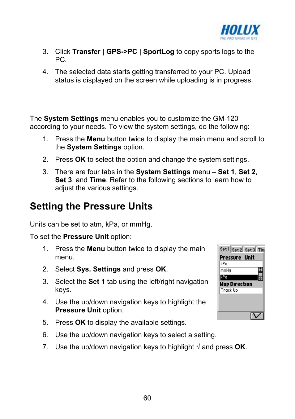 Adjusting the system settings, Setting the pressure units | Holux GM-120 User Manual | Page 67 / 78
