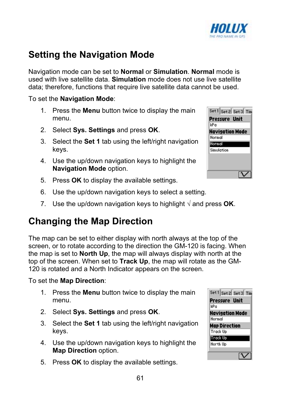 Setting the navigation mode, Changing the map direction | Holux GM-120 User Manual | Page 68 / 78