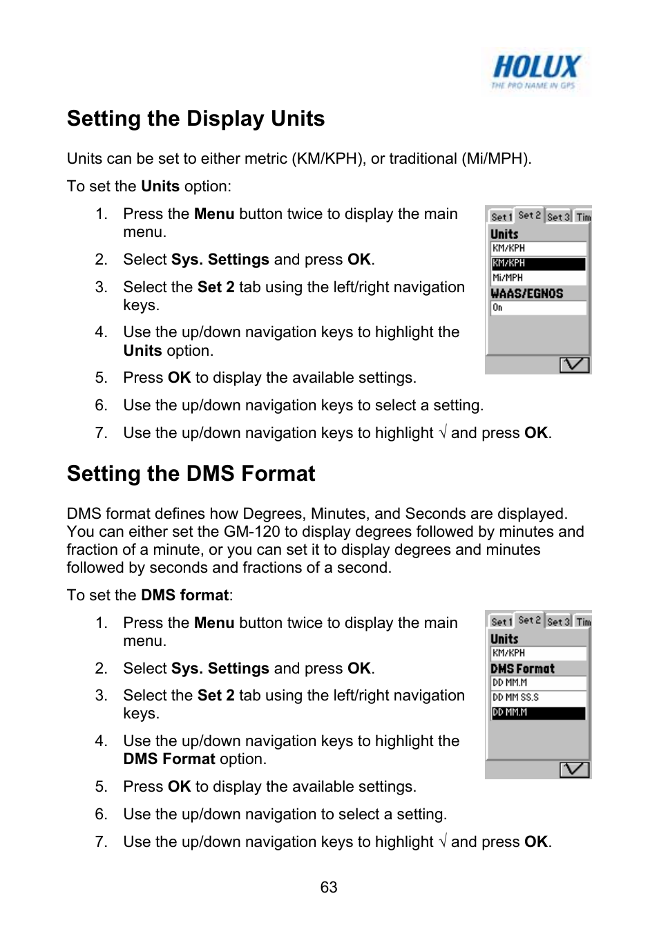 Setting the display units, Setting the dms format | Holux GM-120 User Manual | Page 70 / 78