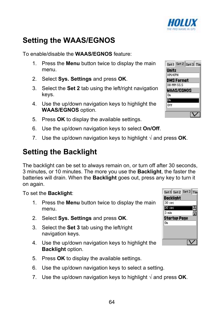 Setting the waas/egnos, Setting the backlight | Holux GM-120 User Manual | Page 71 / 78