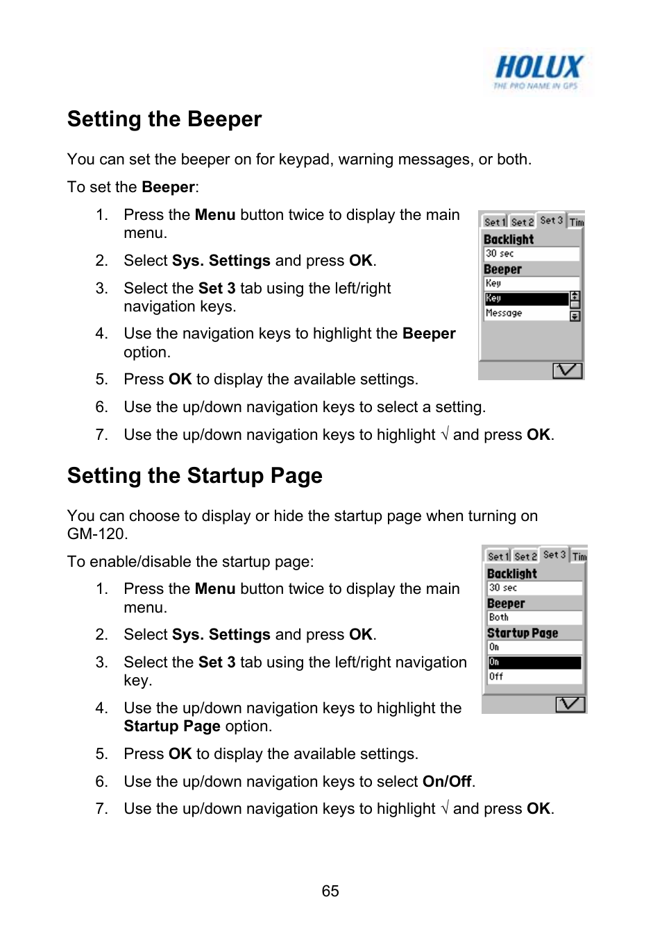 Setting the beeper, Setting the startup page | Holux GM-120 User Manual | Page 72 / 78