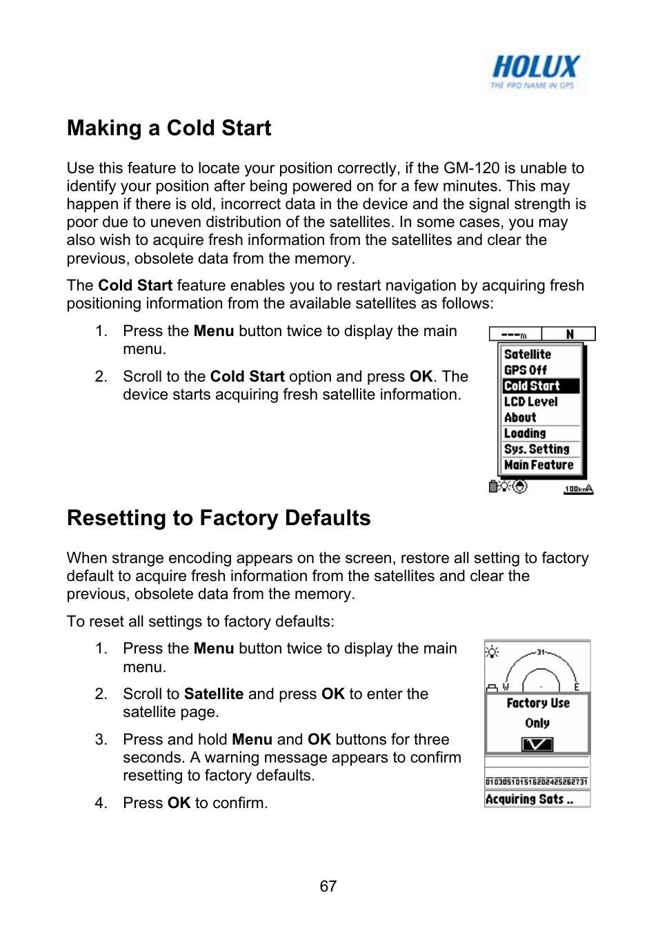 Making a cold start, Resetting to factory defaults | Holux GM-120 User Manual | Page 74 / 78