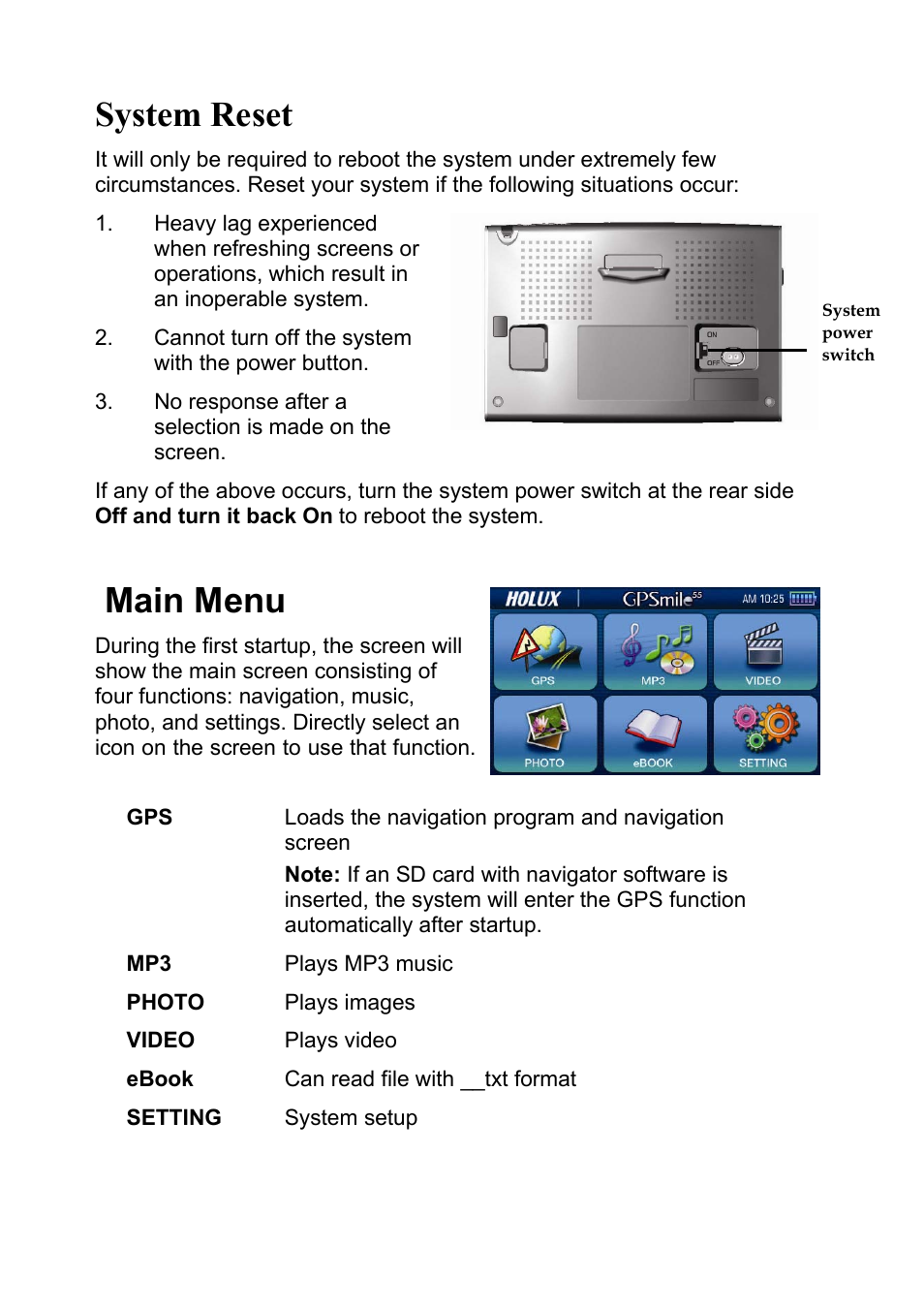 System reset, Main menu | Holux GPSmile 55 User Manual | Page 7 / 7