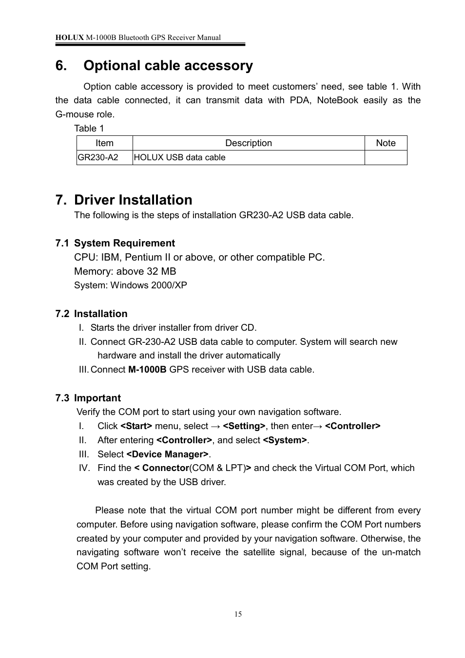 Optional cable accessory, Driver installation | Holux M-1000B User Manual | Page 15 / 18