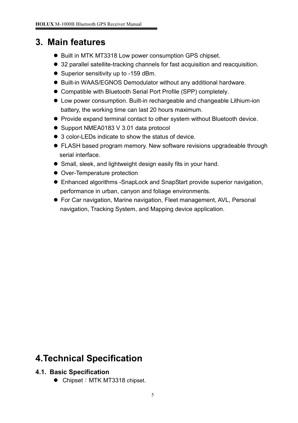 Main features, Technical specification | Holux M-1000B User Manual | Page 5 / 18