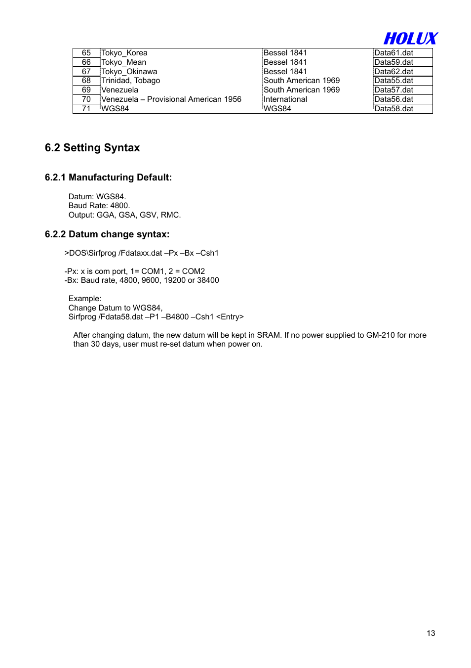 Holux, 2 setting syntax | Holux GM-210 User Manual | Page 13 / 14