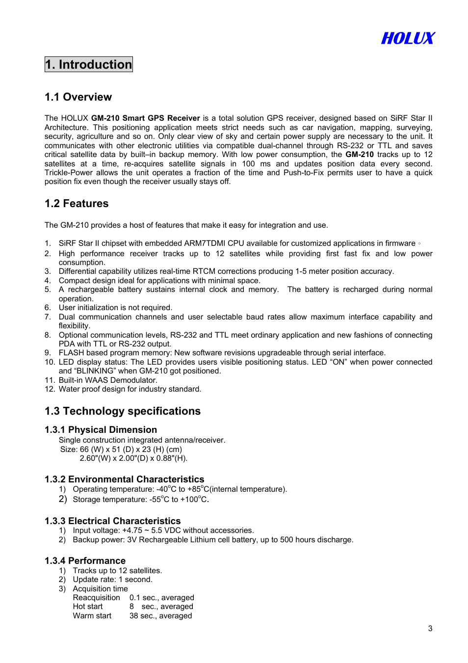 Holux, Introduction, 1 overview | 2 features, 3 technology specifications | Holux GM-210 User Manual | Page 3 / 14