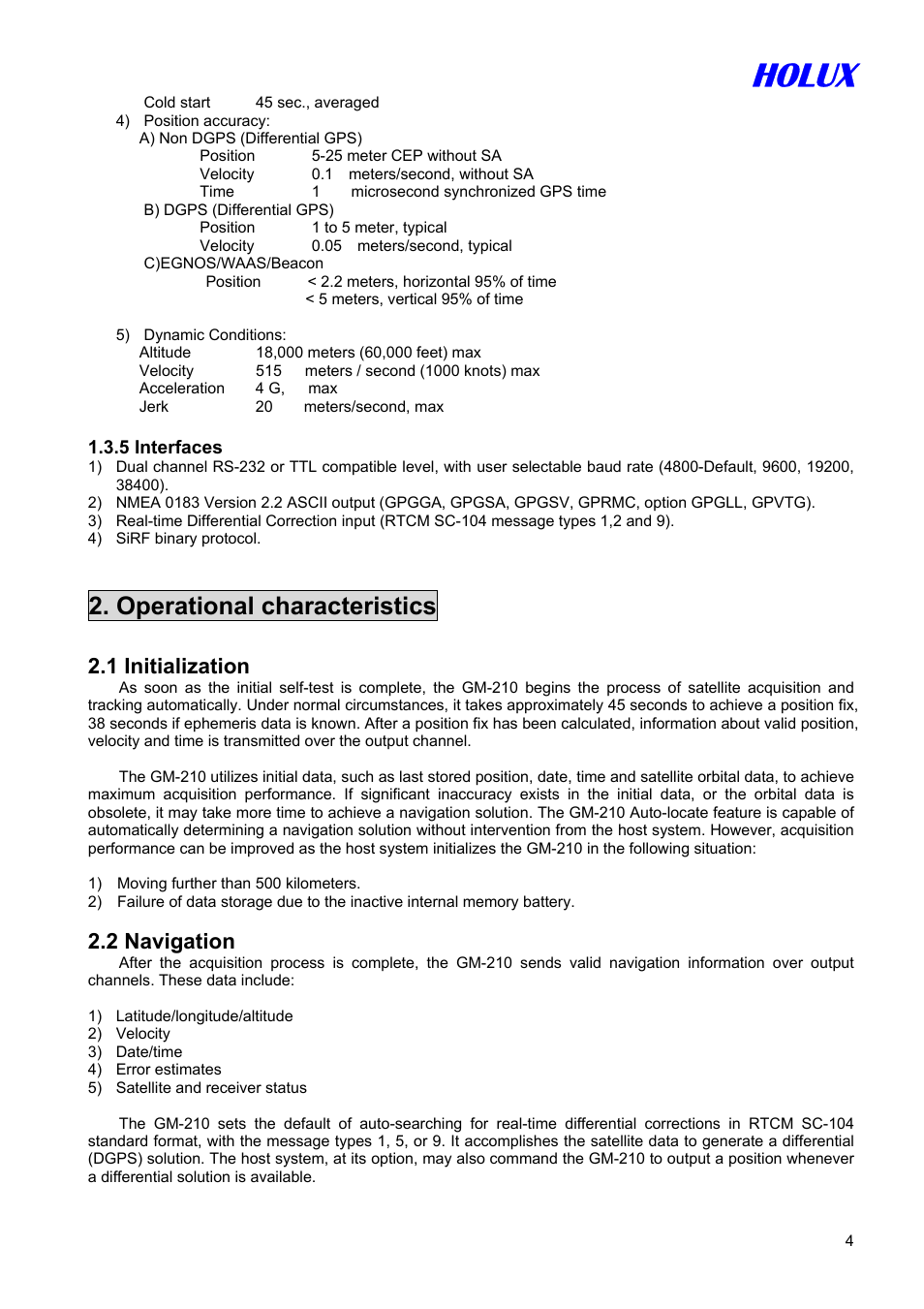 Holux, Operational characteristics, 1 initialization | 2 navigation | Holux GM-210 User Manual | Page 4 / 14